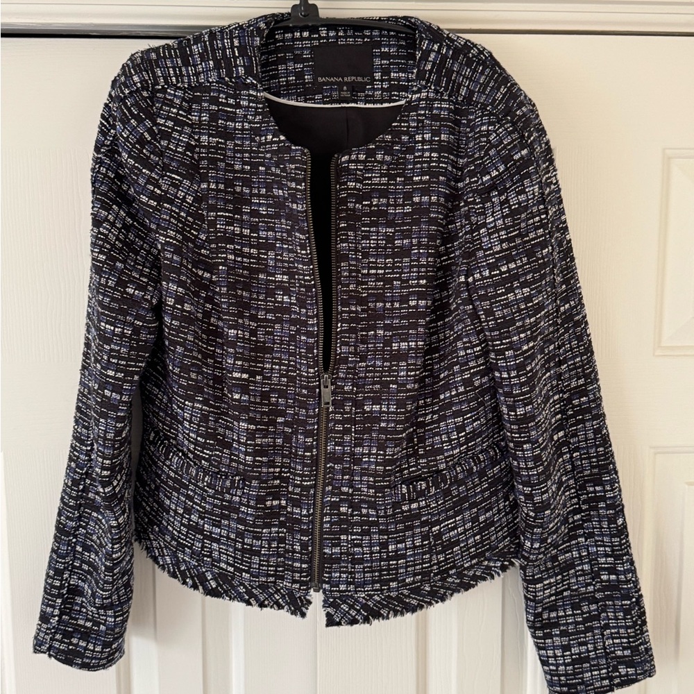 Banana Republic Women's CenterZip Textured Navy White Blue Pattern Jacket/Blazer